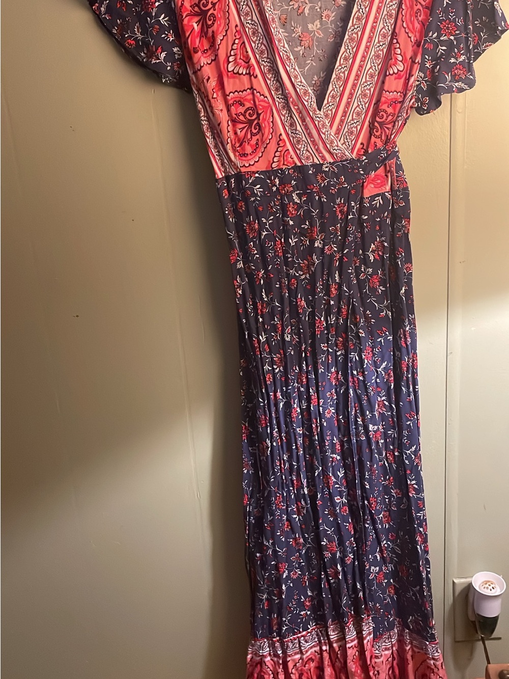 Boho Floral Wrap Maxi Dress in Navy and Coral